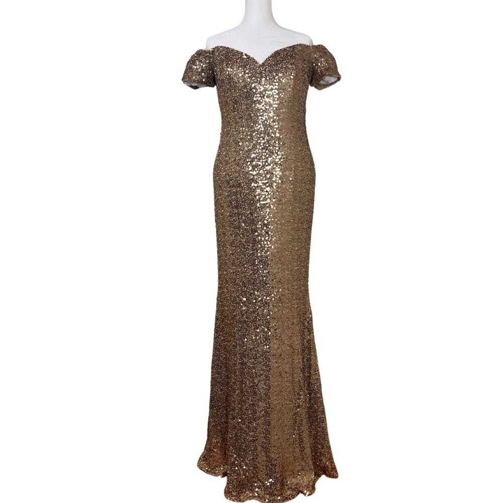 Badgley Mischka Gold Stretch Sequin Evening Gown - Size 14
